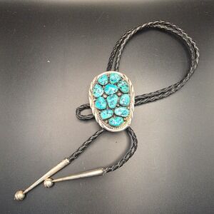 Spencer Bolo Tie Excellent Turquoise Sterling Silver Cluster Leather